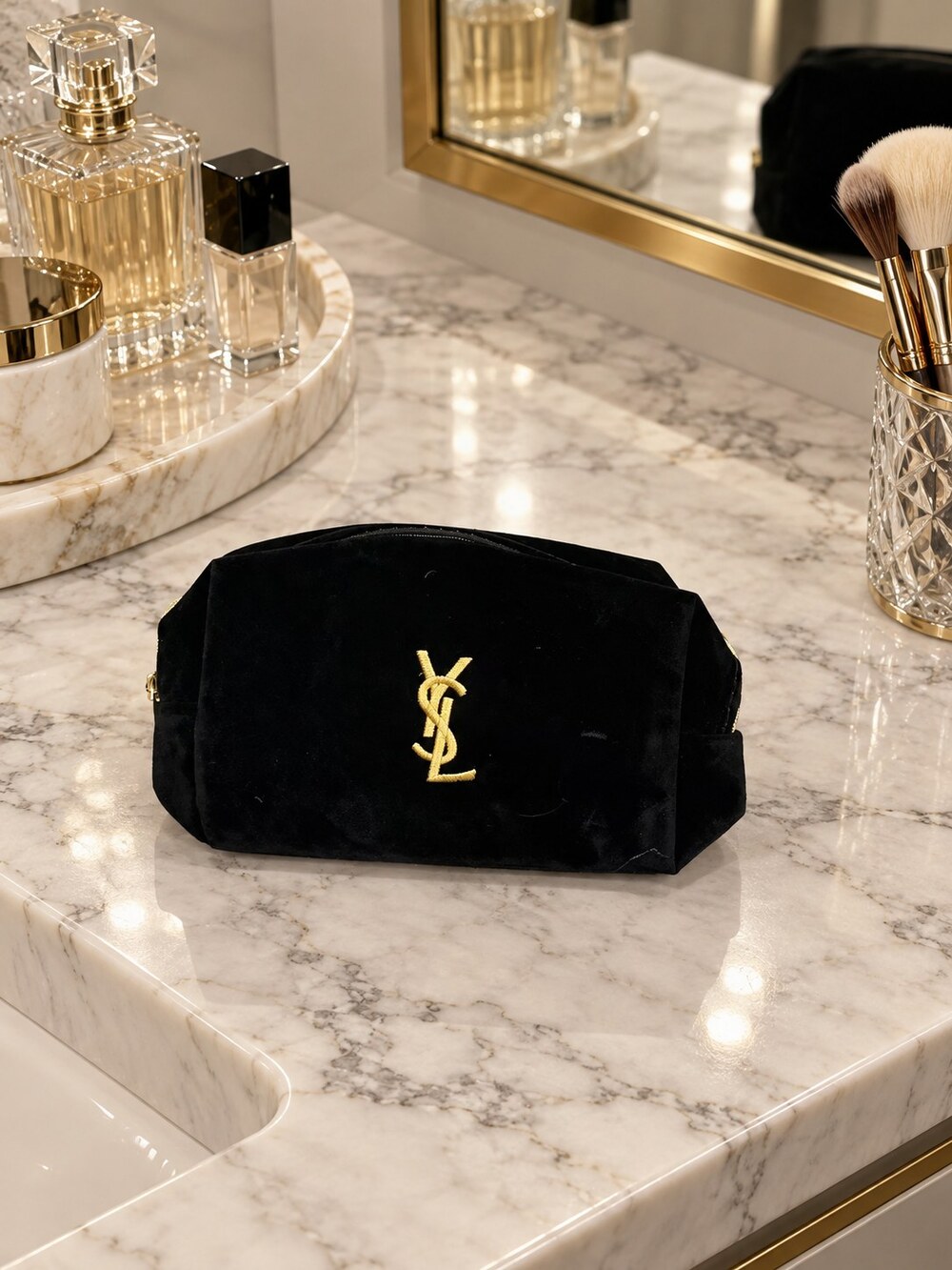 Yves Saint Laurent Black Velvet Makeup Bag | Gold-Tone YSL Logo - Picture 5 of 6